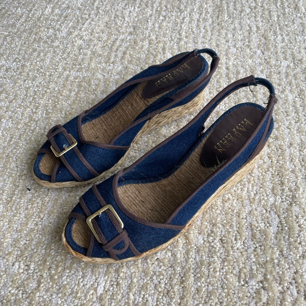 Ralph Lauren Cameron Slingback Wedge Denim Canvas Shoes Size 8B Espadrille
